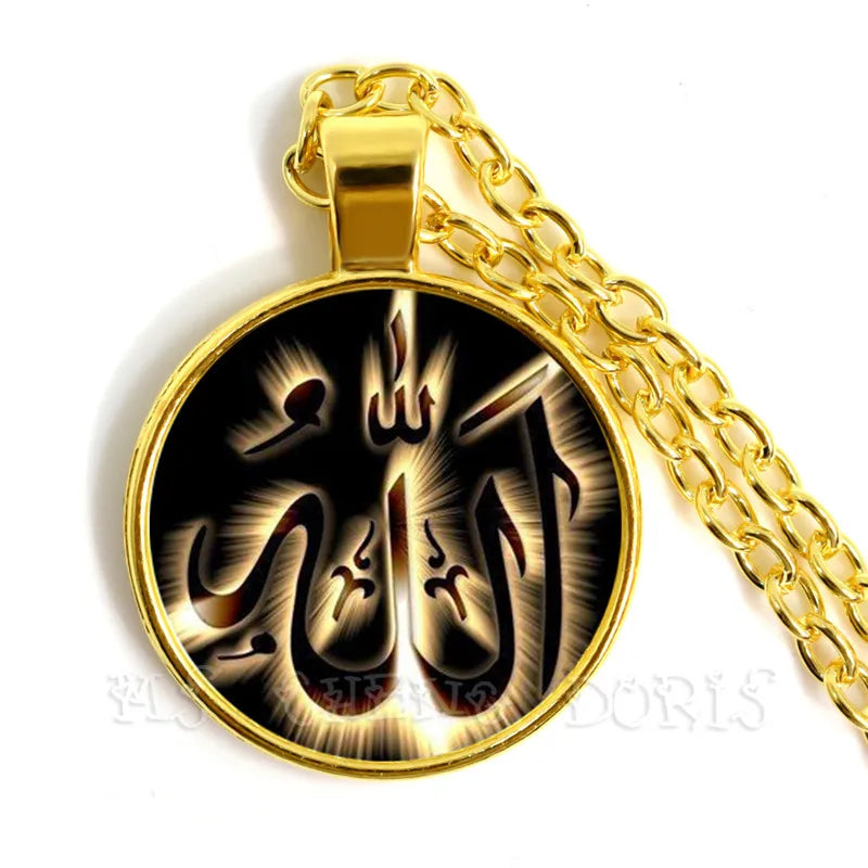Gold-color 25mm Glass Muslim Islamic Allah Arab Muslim Necklace For Muhammad Religious Middle Jewelry Ramadan Gift For Friends