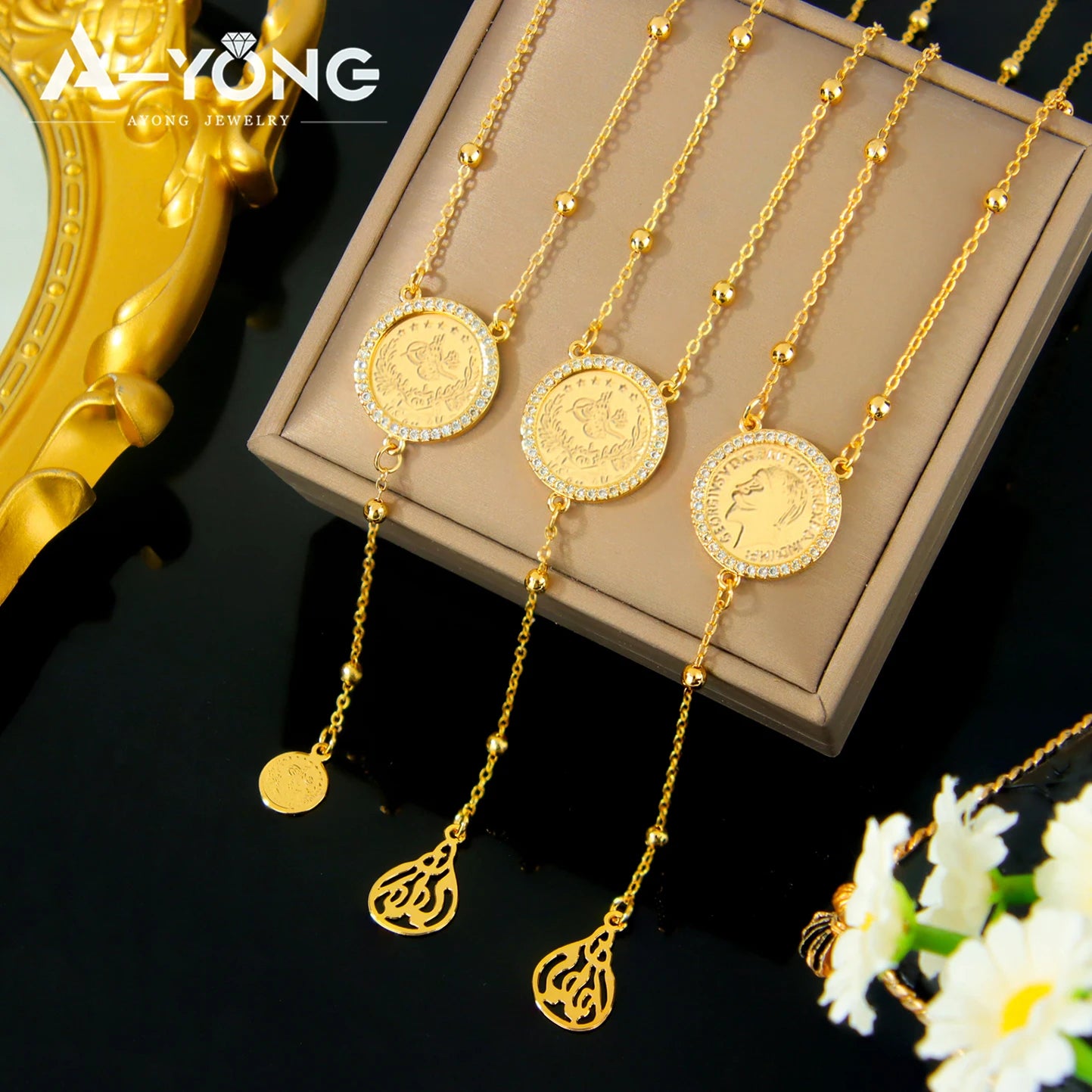 Islamic Saudi Gold Coins Long Necklace 21k Gold Plated Dubai Fashion Zirconia Pendant Chains Nigeria Women Event Party Jewelry