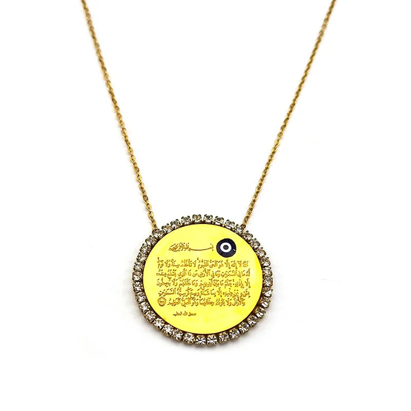 Islamic Muslim Arabic Quran Turkish Evil Eyes Pendant Necklace for Women Men Stainless Steel Gold Color Allah Rhinestone Jewelry