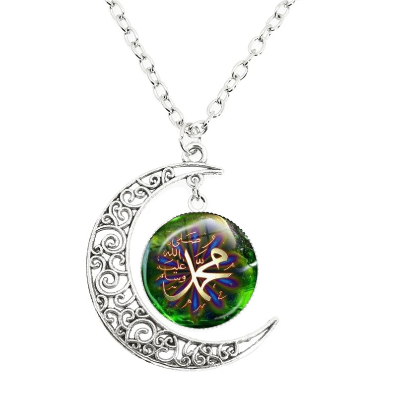 New Islamic Muslim Arab Moon Necklace Allah Logo Glass Pendant Diy Handmade Give Friends Gift Jewelry