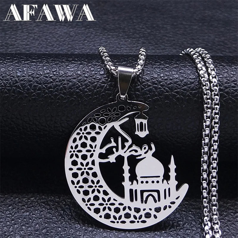 Islamic Mosque Muslim Necklace Stainless Steel Crescent Moon Quran Islam Necklaces Religious Jewelry chaine homme N2013S02