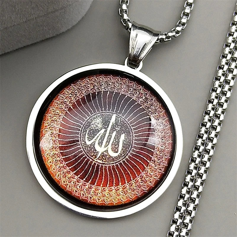 Islamic Arabic Allah God Glass Pendant Necklace for Men Women Stainless Steel Gold Color Geometric Muslim Chain Amulet Jewelry
