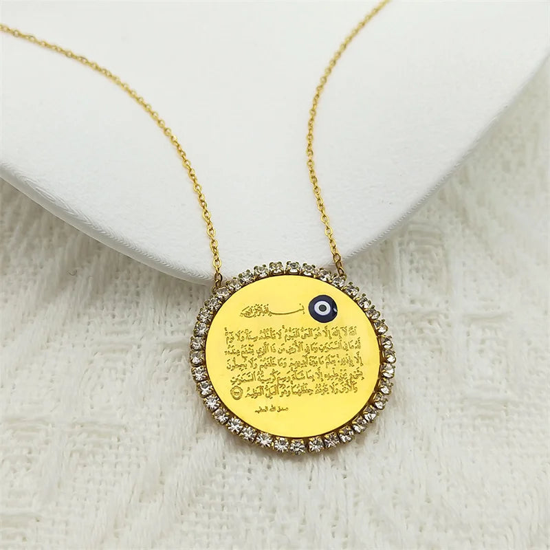 Islamic Muslim Arabic Quran Turkish Evil Eyes Pendant Necklace for Women Men Stainless Steel Gold Color Allah Rhinestone Jewelry