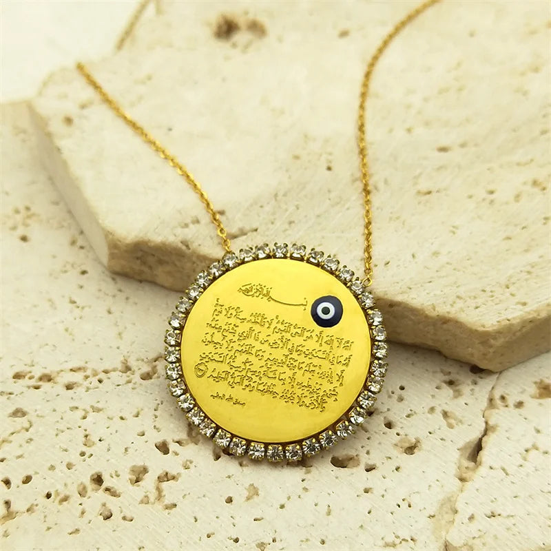 Islamic Muslim Arabic Quran Turkish Evil Eyes Pendant Necklace for Women Men Stainless Steel Gold Color Allah Rhinestone Jewelry