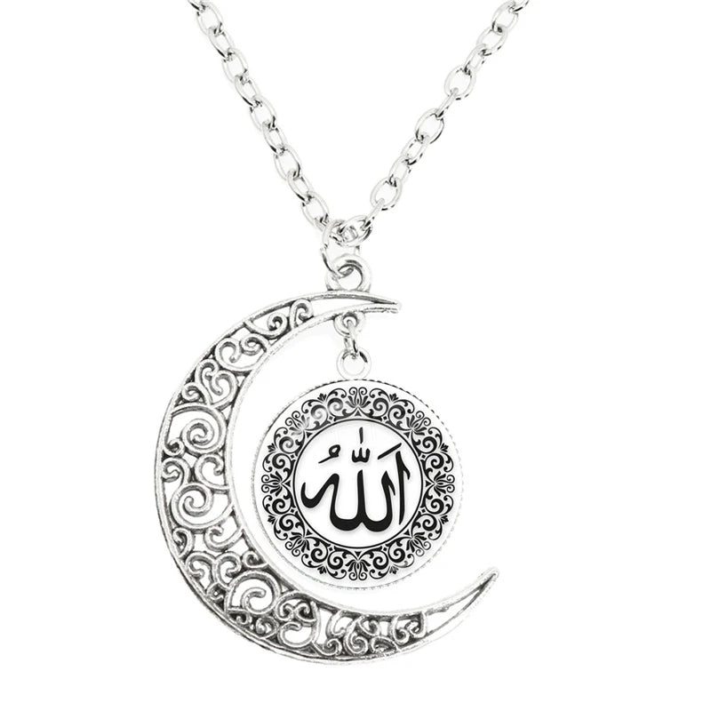 New Islamic Muslim Arab Moon Necklace Allah Logo Glass Pendant Diy Handmade Give Friends Gift Jewelry