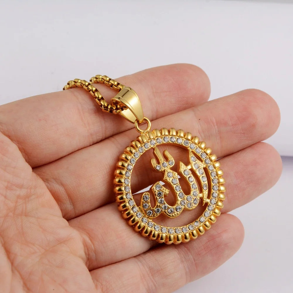 Hip Hop Iced Out Islamic Muslim Allah Pendant Gold Color Stainless Steel Round Necklace For Men Women Islam Jewelry Gift 2025