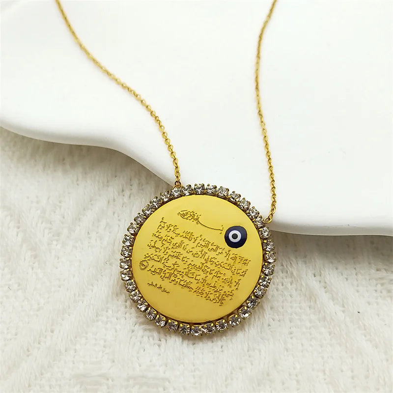 Islamic Muslim Arabic Quran Turkish Evil Eyes Pendant Necklace for Women Men Stainless Steel Gold Color Allah Rhinestone Jewelry