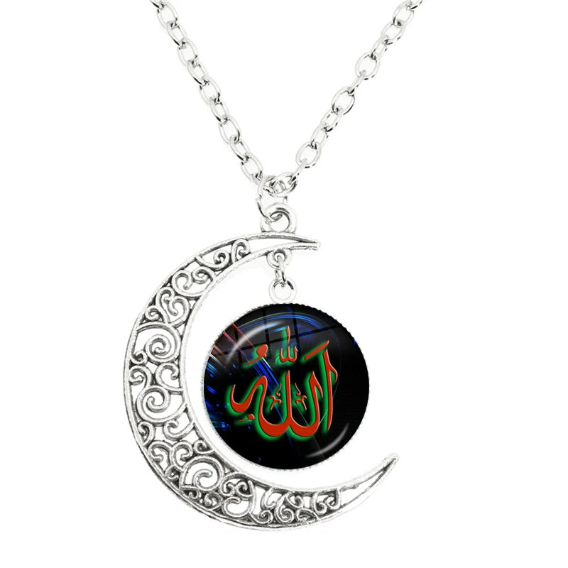 New Islamic Muslim Arab Moon Necklace Allah Logo Glass Pendant Diy Handmade Give Friends Gift Jewelry