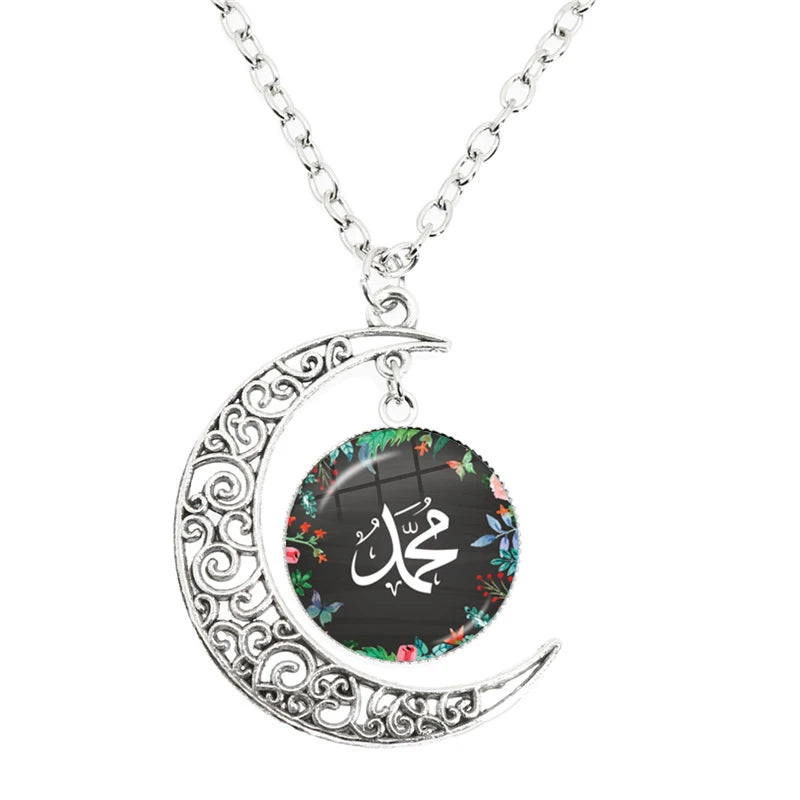 New Islamic Muslim Arab Moon Necklace Allah Logo Glass Pendant Diy Handmade Give Friends Gift Jewelry