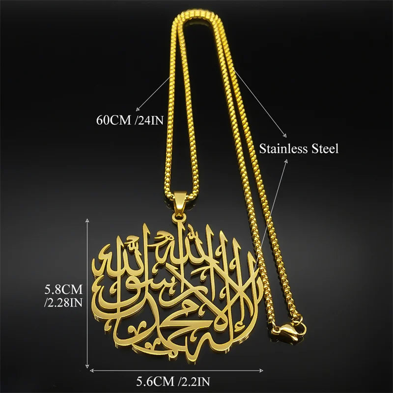 Islamic Quran Allah God Pendant Necklace For Women Men Stainless Steel Gold Color Arabic Ayatul Kursi Faith Muslim Chain Jewelry