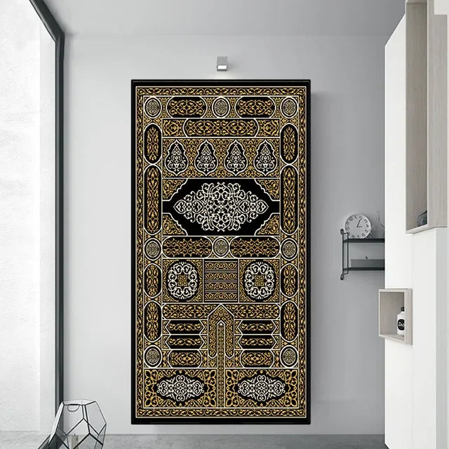 Islamic Wall Art  Kaaba Golden Doors Print Poster with Arabic Calligraphy Quran Verses Canvas Painting for Muslim Home Decor