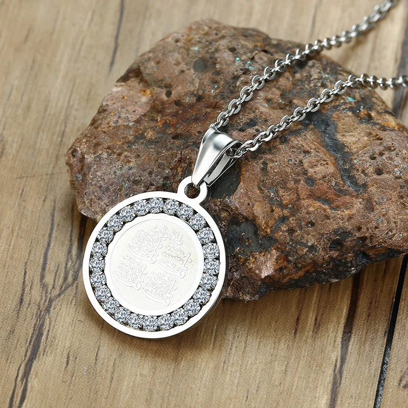 4 Qul Necklace Pendant Men Muslim Islamic Hajj Umrah silver color CZ Stone Jewelry