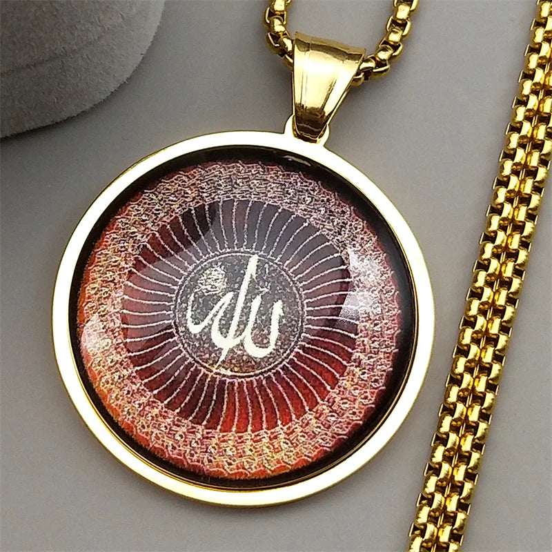 Islamic Arabic Allah God Glass Pendant Necklace for Men Women Stainless Steel Gold Color Geometric Muslim Chain Amulet Jewelry
