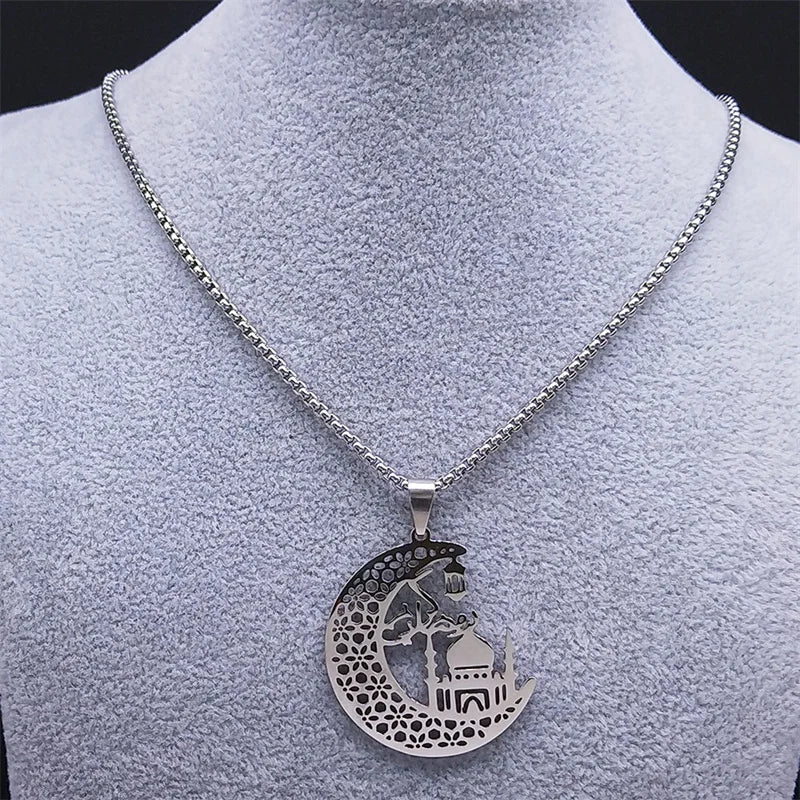 Islamic Mosque Muslim Necklace Stainless Steel Crescent Moon Quran Islam Necklaces Religious Jewelry chaine homme N2013S02