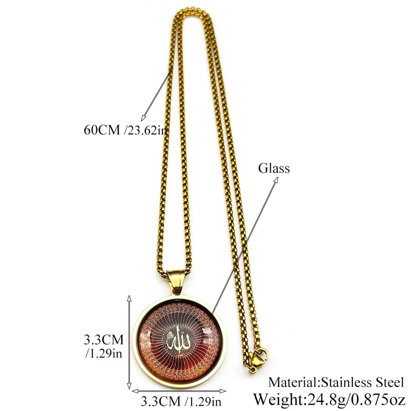 Islamic Arabic Allah God Glass Pendant Necklace for Men Women Stainless Steel Gold Color Geometric Muslim Chain Amulet Jewelry