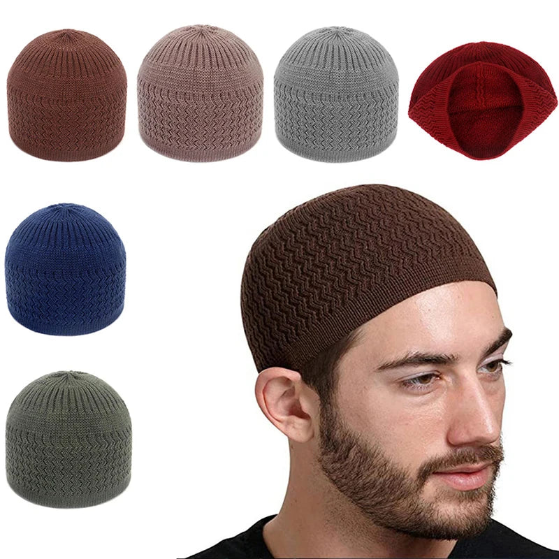 1pc Men's Casual Knitted Muslim Women Prayer Hats Winter Warm Beanies Cap Islamic Ramadan