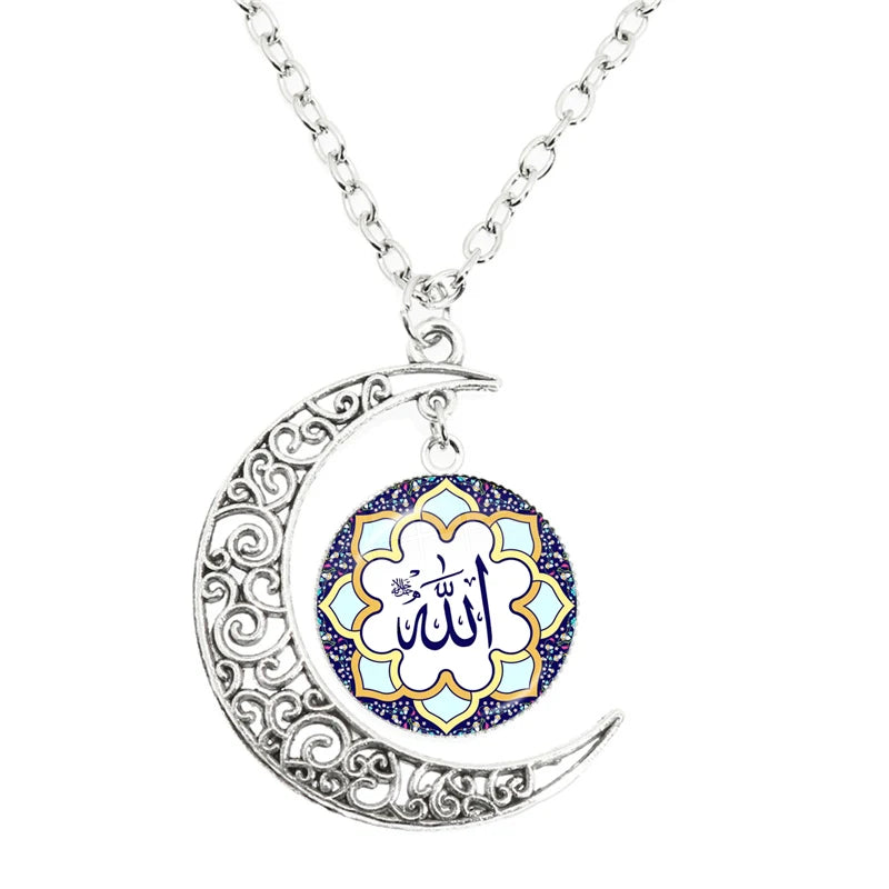 New Islamic Muslim Arab Moon Necklace Allah Logo Glass Pendant Diy Handmade Give Friends Gift Jewelry