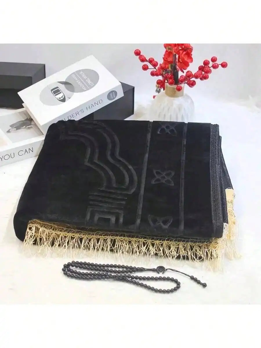 Prayer Rug Muslim Velvet Mat Islamic Thick Large Padded 80cm*120cm for Men Women with Prayer Beads Eid Travel Ramadan Gift