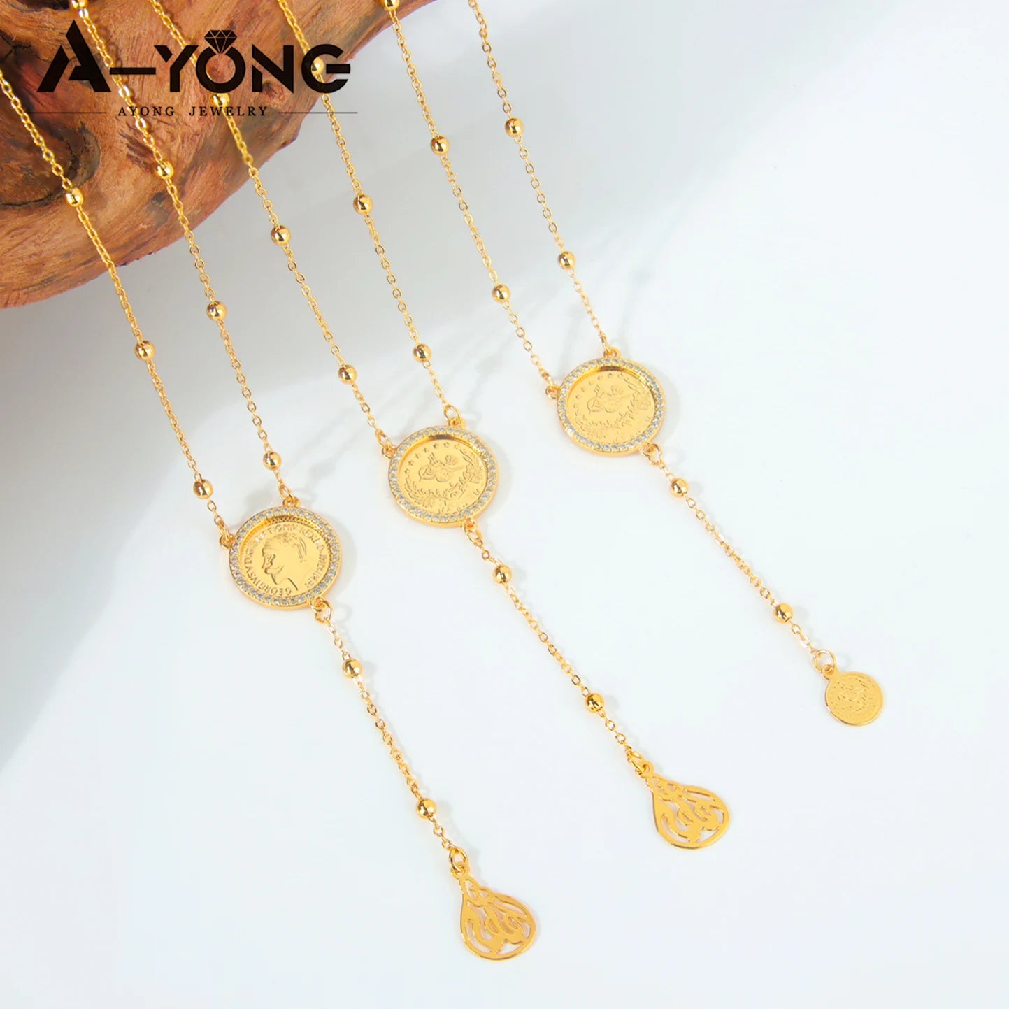 Islamic Saudi Gold Coins Long Necklace 21k Gold Plated Dubai Fashion Zirconia Pendant Chains Nigeria Women Event Party Jewelry