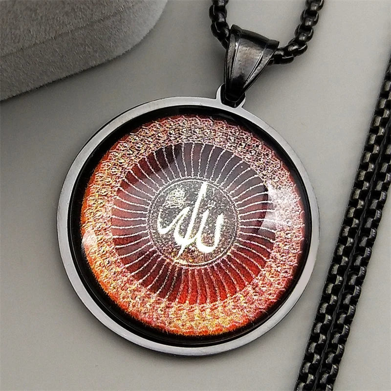 Islamic Arabic Allah God Glass Pendant Necklace for Men Women Stainless Steel Gold Color Geometric Muslim Chain Amulet Jewelry
