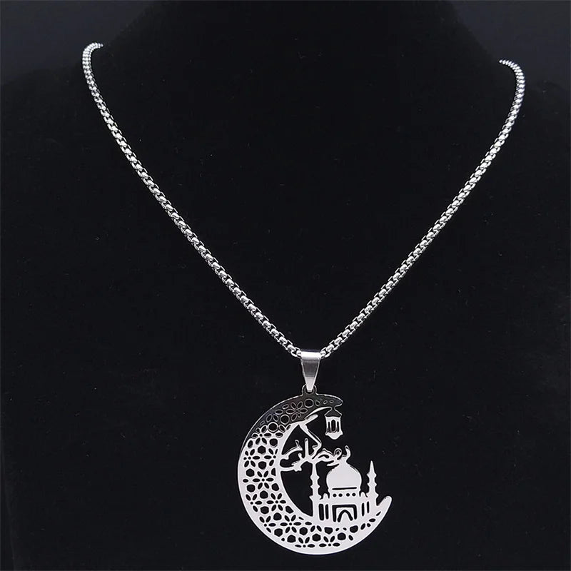 Islamic Mosque Muslim Necklace Stainless Steel Crescent Moon Quran Islam Necklaces Religious Jewelry chaine homme N2013S02