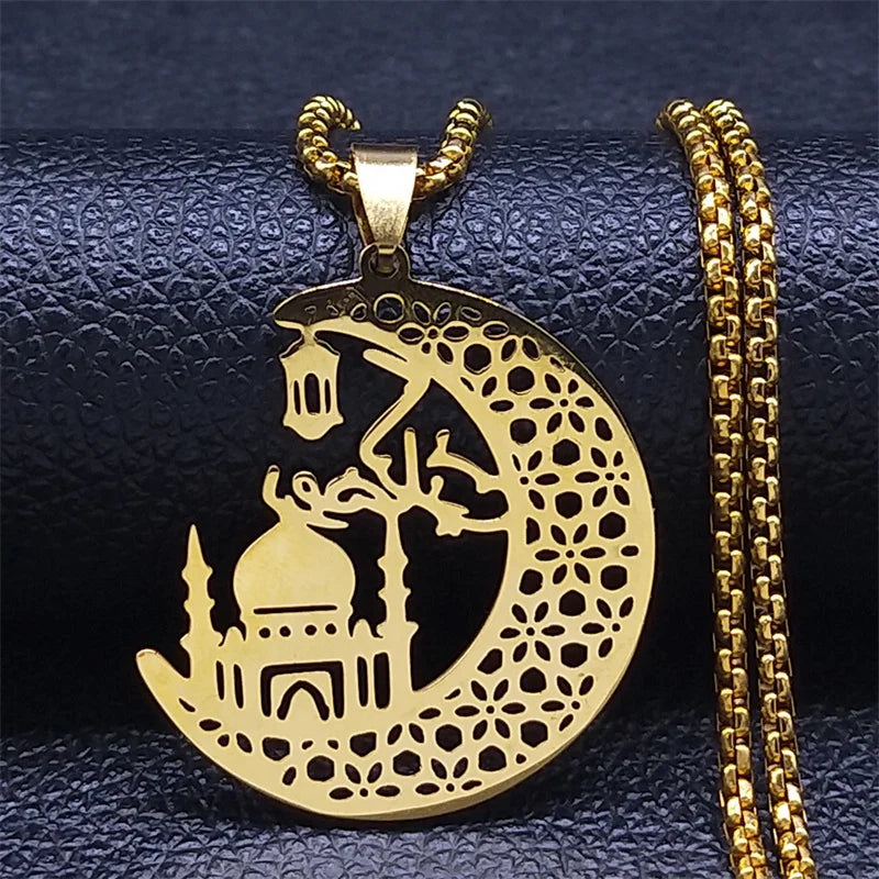 Islamic Mosque Muslim Necklace Stainless Steel Crescent Moon Quran Islam Necklaces Religious Jewelry chaine homme N2013S02