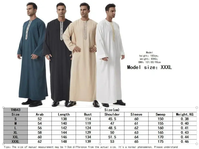 Thobes for Man Muslim Dress Islam Clothing Saudi Arabic Robe Jubba Thobe Eid Djellaba Long Sleeve Embroidery Daffah Dishdasha