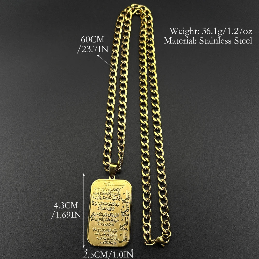 Islamic Muslim Pendant Necklace for Women Men Stainless Steel Gold Color Arabic Letter Quran Geometric Medal Chain Jewelry Gift