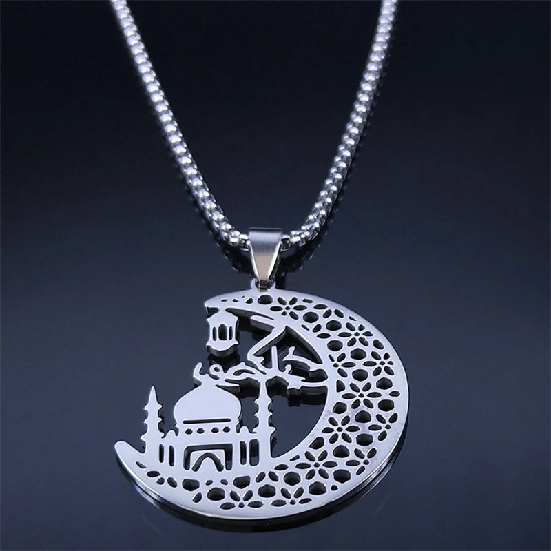 Islamic Mosque Muslim Necklace Stainless Steel Crescent Moon Quran Islam Necklaces Religious Jewelry chaine homme N2013S02