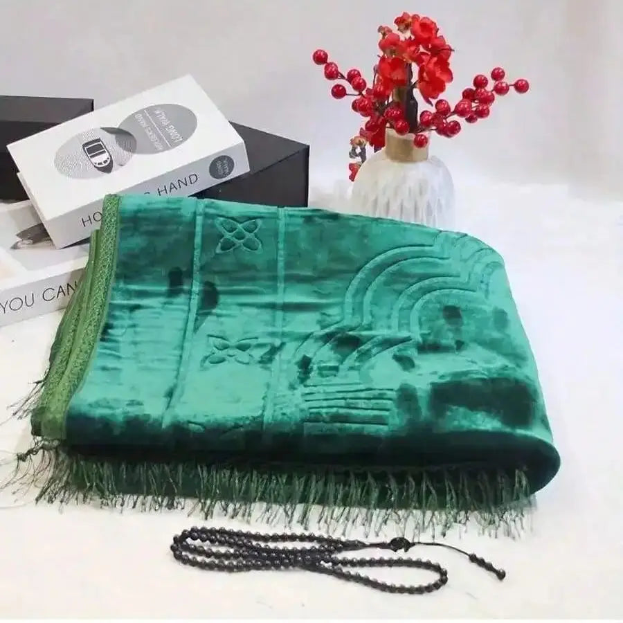 Prayer Rug Muslim Velvet Mat Islamic Thick Large Padded 80cm*120cm for Men Women with Prayer Beads Eid Travel Ramadan Gift