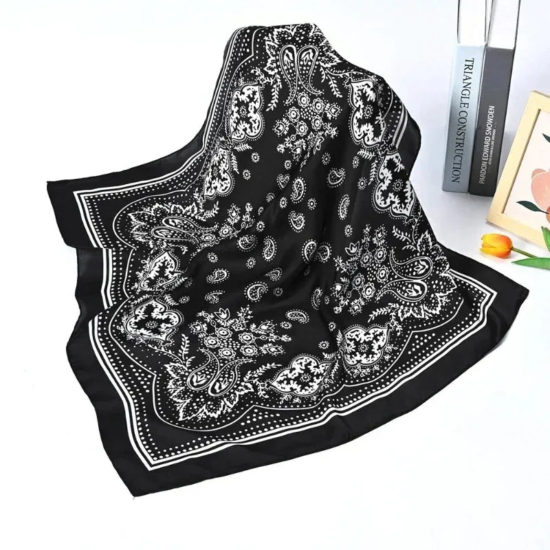 Women Scarf 70cm Black Hip Hop Bandana Kerchief Paisley Printed Hijab Headwear Wrist Hairwrap Square Scarves Print Handkerchief