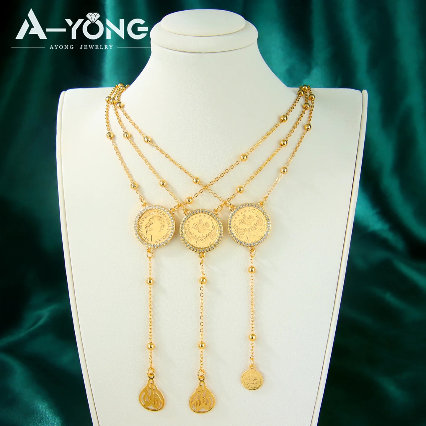 Islamic Saudi Gold Coins Long Necklace 21k Gold Plated Dubai Fashion Zirconia Pendant Chains Nigeria Women Event Party Jewelry