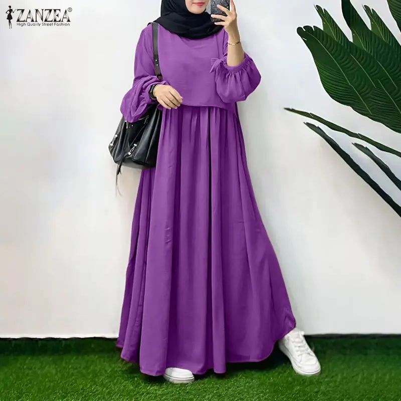 Muslim Hijabs Women Layered Detail Maxi Dresses O-Neck Long Sleeve Solid Color Loose Abaya Robes ZANZEA Islamic Ramadan Clothes