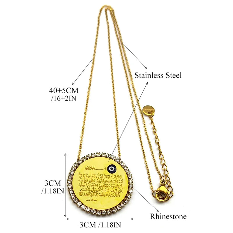 Islamic Muslim Arabic Quran Turkish Evil Eyes Pendant Necklace for Women Men Stainless Steel Gold Color Allah Rhinestone Jewelry