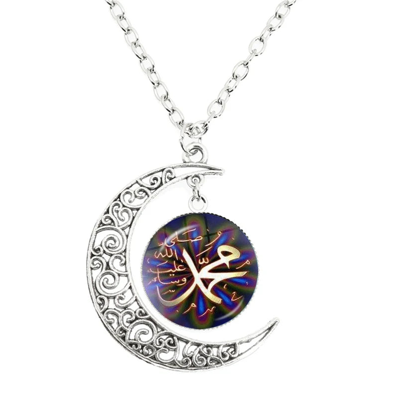 New Islamic Muslim Arab Moon Necklace Allah Logo Glass Pendant Diy Handmade Give Friends Gift Jewelry
