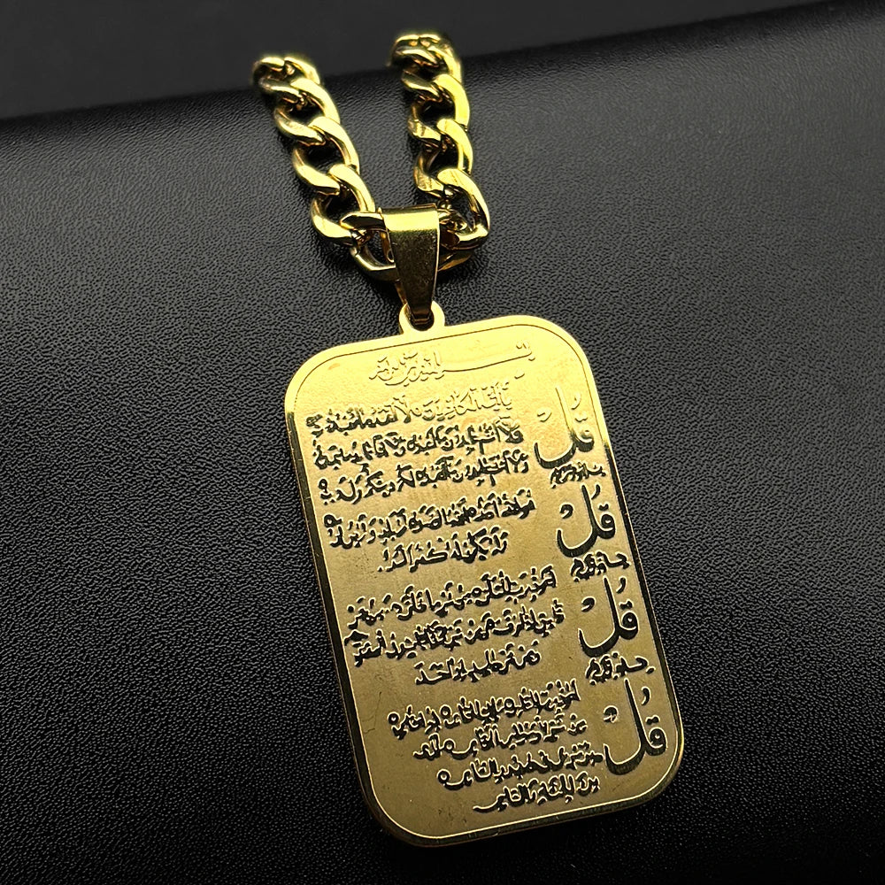 Islamic Muslim Pendant Necklace for Women Men Stainless Steel Gold Color Arabic Letter Quran Geometric Medal Chain Jewelry Gift