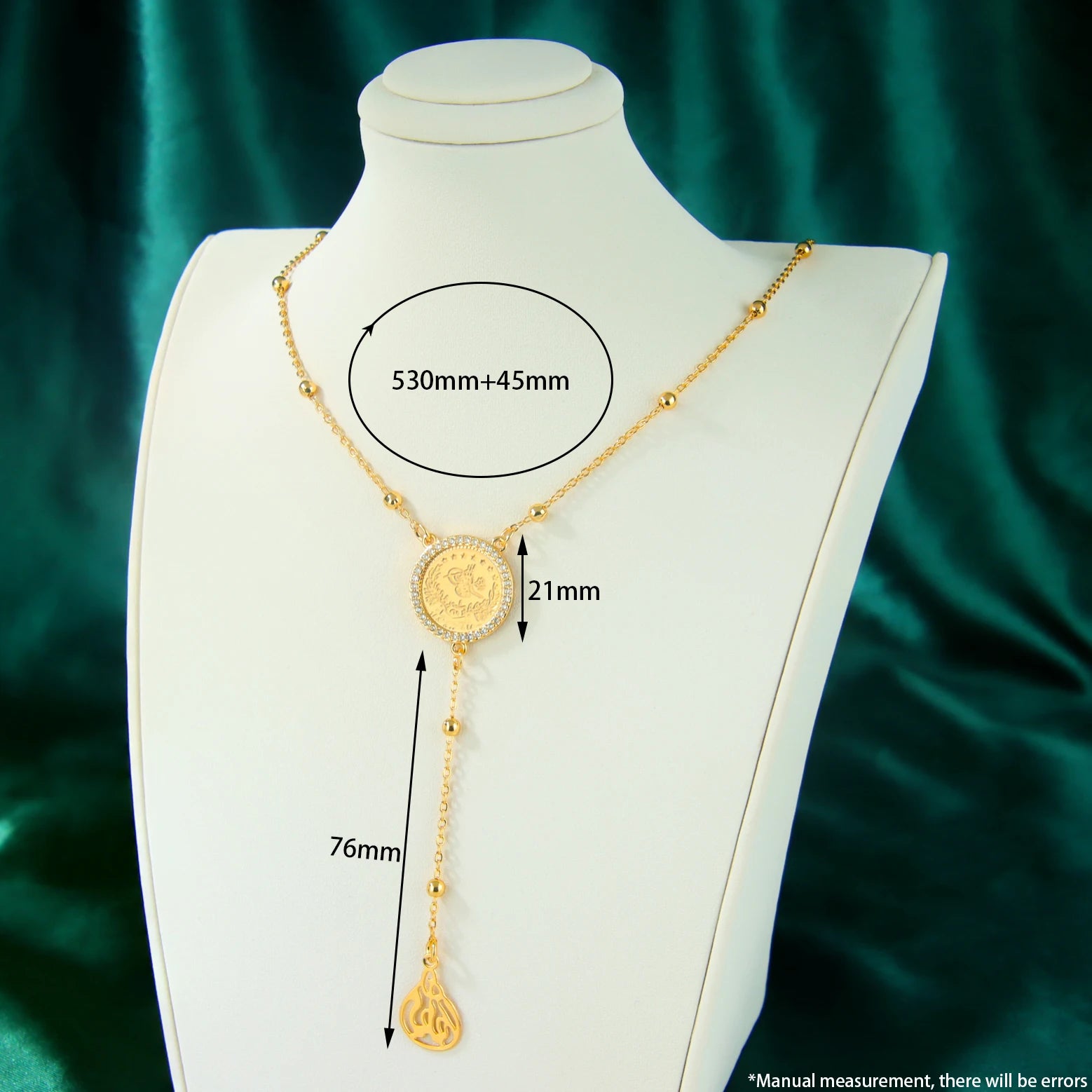 Islamic Saudi Gold Coins Long Necklace 21k Gold Plated Dubai Fashion Zirconia Pendant Chains Nigeria Women Event Party Jewelry