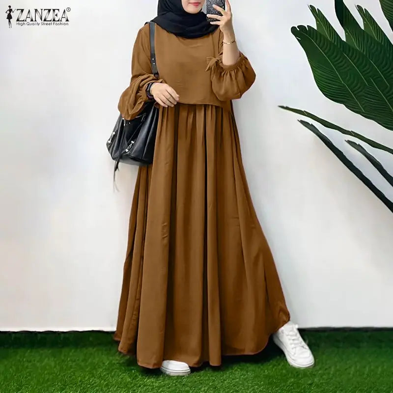 Muslim Hijabs Women Layered Detail Maxi Dresses O-Neck Long Sleeve Solid Color Loose Abaya Robes ZANZEA Islamic Ramadan Clothes