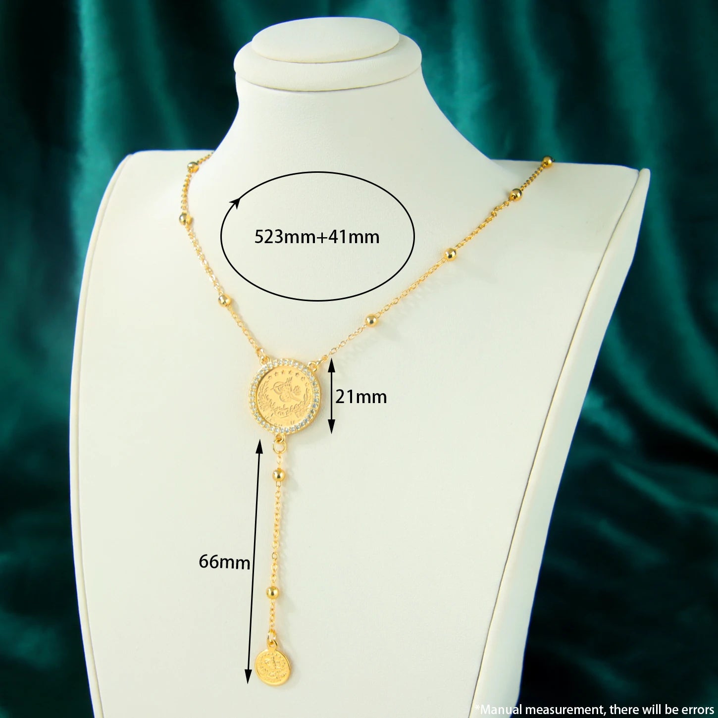 Islamic Saudi Gold Coins Long Necklace 21k Gold Plated Dubai Fashion Zirconia Pendant Chains Nigeria Women Event Party Jewelry