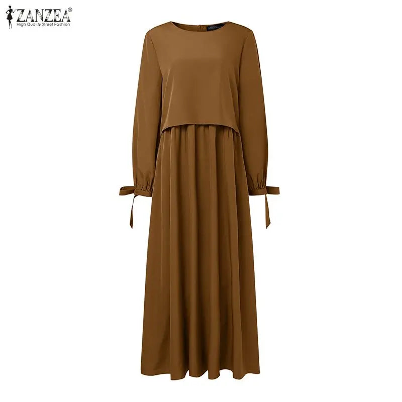 Muslim Hijabs Women Layered Detail Maxi Dresses O-Neck Long Sleeve Solid Color Loose Abaya Robes ZANZEA Islamic Ramadan Clothes