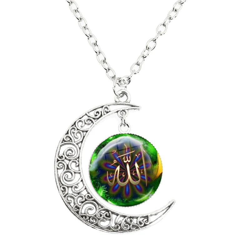 New Islamic Muslim Arab Moon Necklace Allah Logo Glass Pendant Diy Handmade Give Friends Gift Jewelry