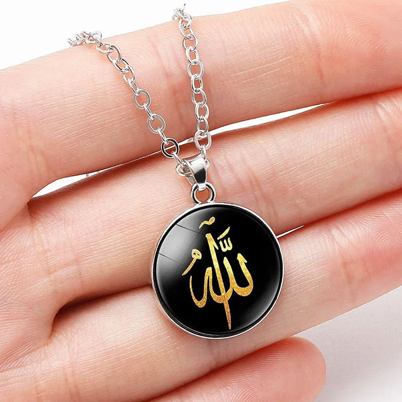 Islamic Allah Shahada Glass Pendant Necklace Muslim Arabic Necklace For Men Women Islam Faith Jewelry