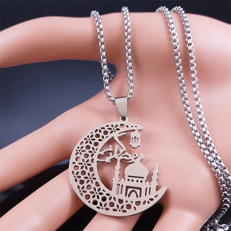 Islamic Mosque Muslim Necklace Stainless Steel Crescent Moon Quran Islam Necklaces Religious Jewelry chaine homme N2013S02