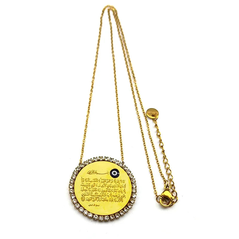 Islamic Muslim Arabic Quran Turkish Evil Eyes Pendant Necklace for Women Men Stainless Steel Gold Color Allah Rhinestone Jewelry