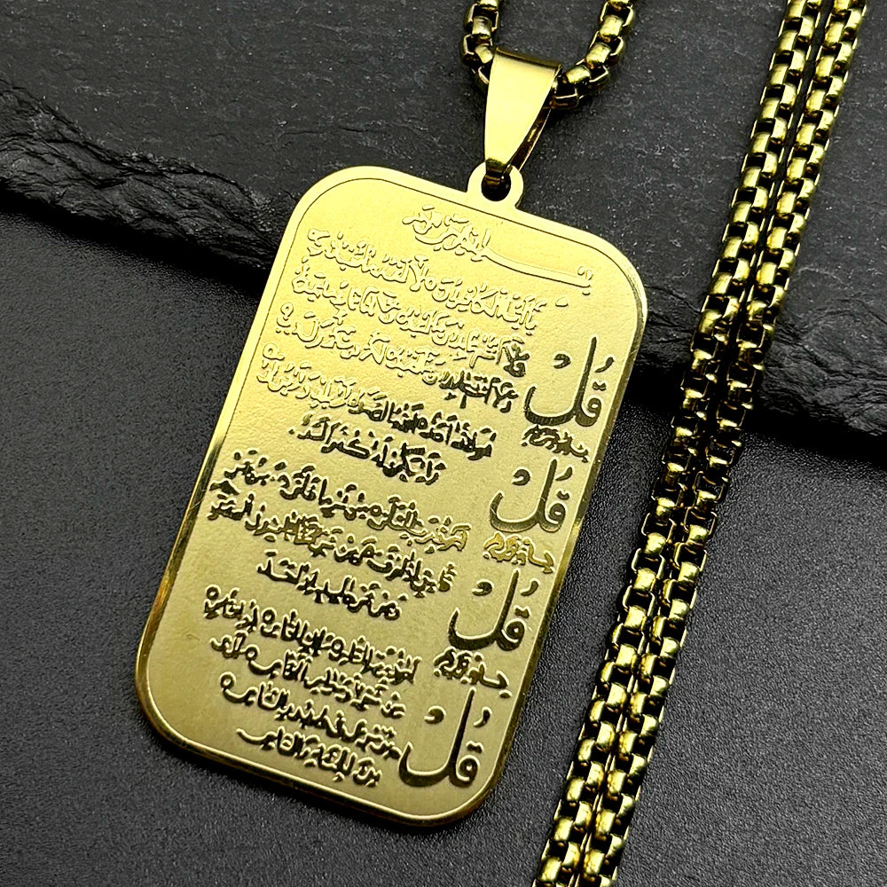 Islamic Muslim Pendant Necklace for Women Men Stainless Steel Gold Color Arabic Letter Quran Geometric Medal Chain Jewelry Gift