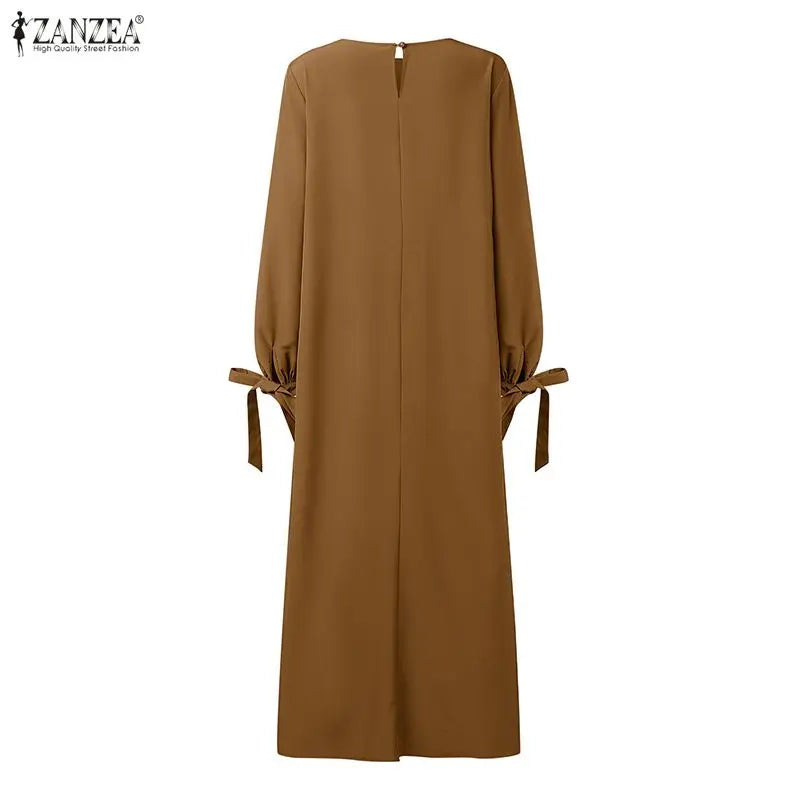 Muslim Hijabs Women Layered Detail Maxi Dresses O-Neck Long Sleeve Solid Color Loose Abaya Robes ZANZEA Islamic Ramadan Clothes