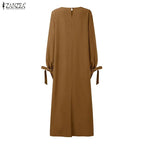 Muslim Hijabs Women Layered Detail Maxi Dresses O-Neck Long Sleeve Solid Color Loose Abaya Robes ZANZEA Islamic Ramadan Clothes