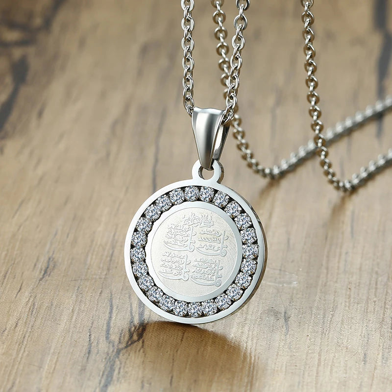 4 Qul Necklace Pendant Men Muslim Islamic Hajj Umrah silver color CZ Stone Jewelry