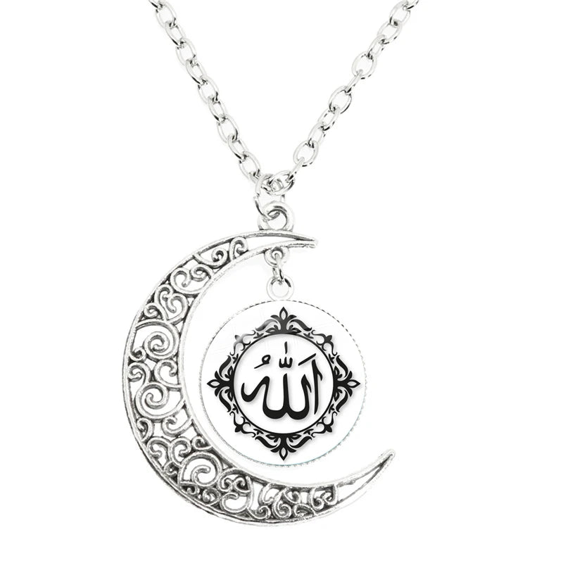 New Islamic Muslim Arab Moon Necklace Allah Logo Glass Pendant Diy Handmade Give Friends Gift Jewelry