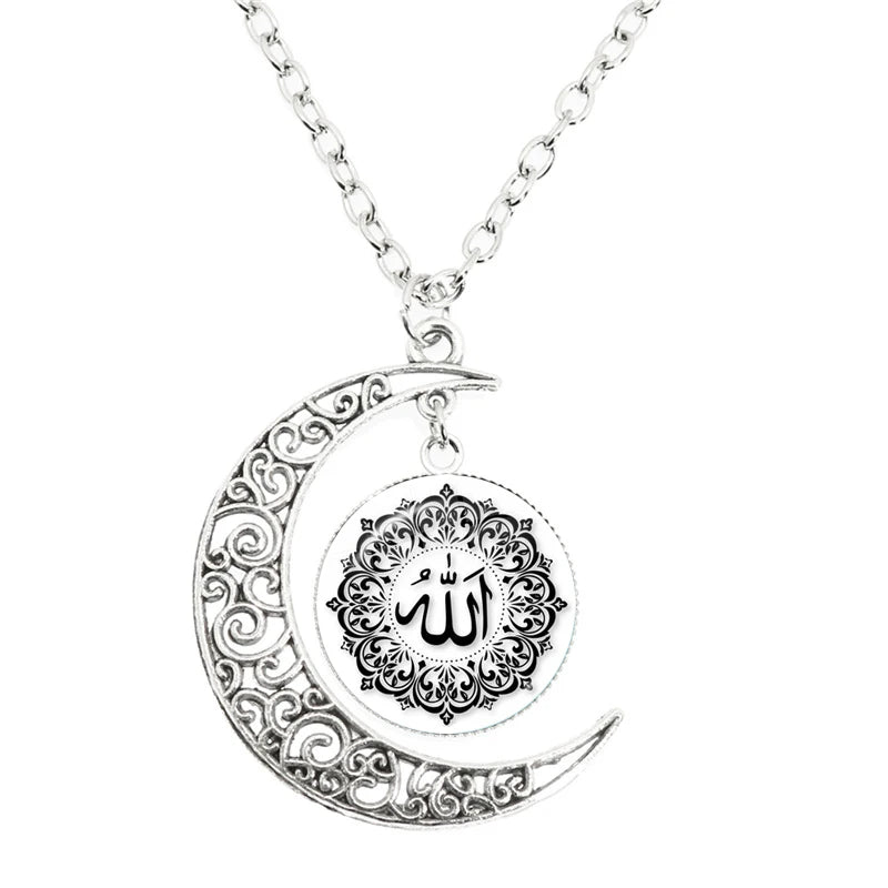 New Islamic Muslim Arab Moon Necklace Allah Logo Glass Pendant Diy Handmade Give Friends Gift Jewelry